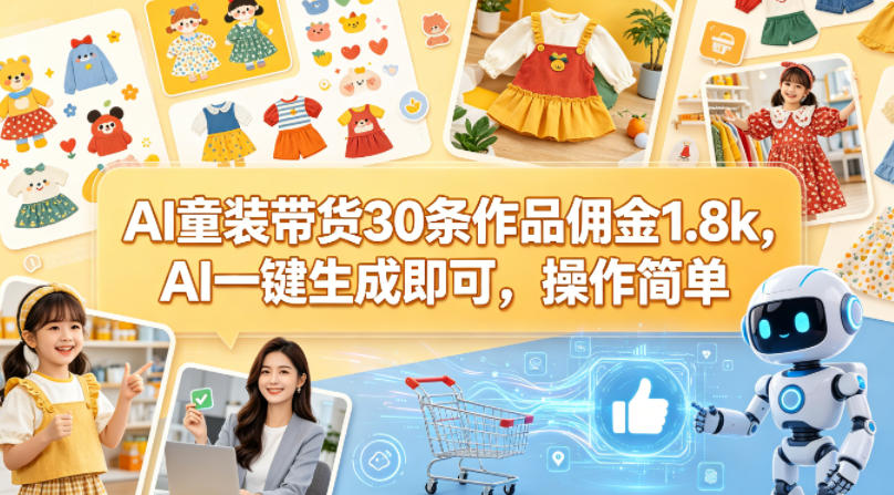 AI童装带货30条作品佣金1.8k，AI一键生成即可，操作简单-九节课