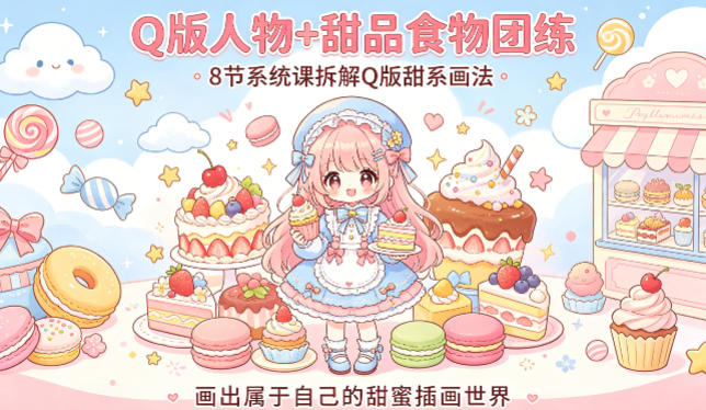 Q版人物+甜品食物团练，8节系统课拆解Q版甜系画法，画出属于自己的甜蜜插画世界-九节课