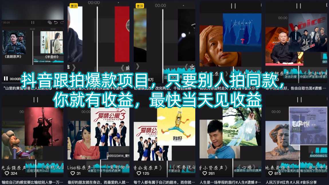 抖音跟拍爆款项目，只要别人拍同款，你就有收益，最快当天见收益-九节课