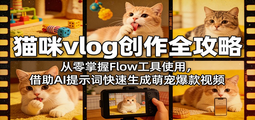 猫咪vlog创作全攻略：从零掌握Flow工具使用，借助AI提示词快速生成萌宠爆款视频-九节课