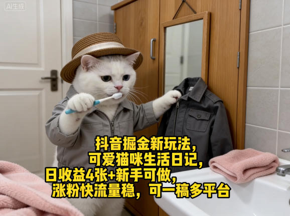 抖音掘金新玩法，可爱猫咪生活日记，日收益4张+新手可做，涨粉快流量稳，可一稿多平台-九节课