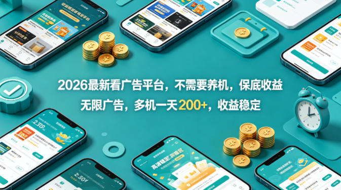 2026最新看广告平台，不需要养机，保底收益，无限广告，多机一天200+，收益稳定【揭秘】-九节课