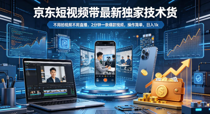 京东短视频带货最新独家技术，不用拍视频不用直播，2分钟一条爆款视频，操作简单，日入1k+【揭秘】-九节课