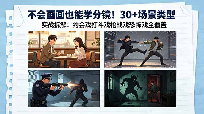 （18591期）不会画画也能学分镜！30+场景类型实战拆解：约会戏打斗戏枪战戏恐怖戏全覆盖-九节课