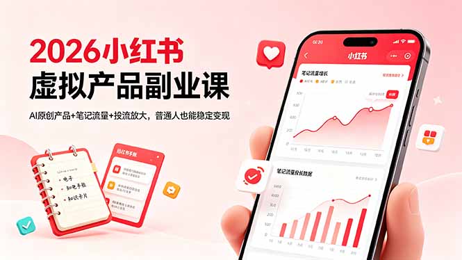 （18449期）2026小红书虚拟产品副业课，AI原创产品+笔记流量+投流放大，普通人也能稳定变现-九节课