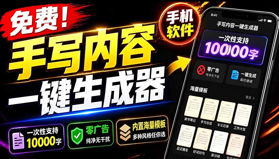 （18667期）超逼真手写字体一键生成器，纯免费离线运行，一次性支持10000字，零广告，内置海量模板-九节课