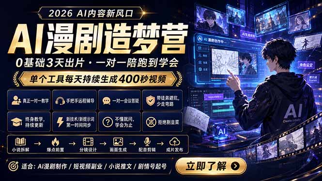 （18568期）AI漫剧造梦营：0基础3天出片，单个工具每天持续生成400秒视频-九节课