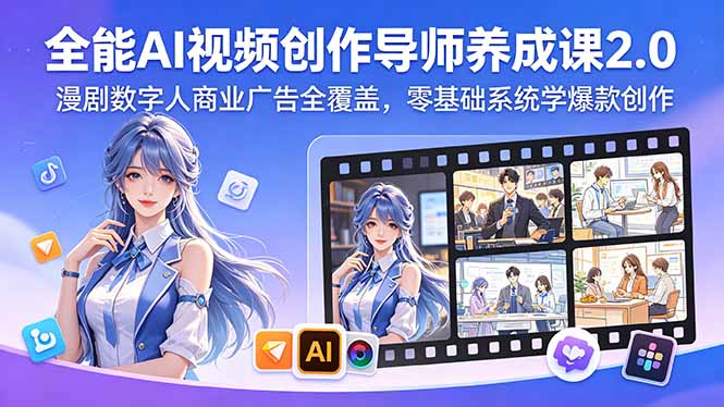 （18505期）全能AI视频创作导师养成课2.0，漫剧数字人商业广告全覆盖，零基础系统学爆款创作-九节课