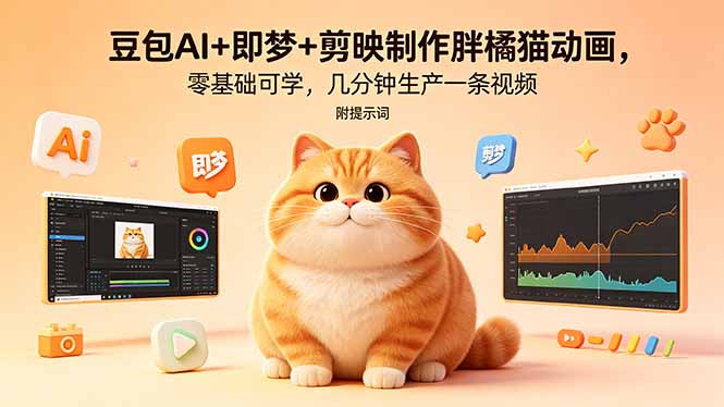 （18431期）豆包AI+即梦+剪映制作胖橘猫动画，零基础可学，几分钟生产一条视频，附提示词-九节课