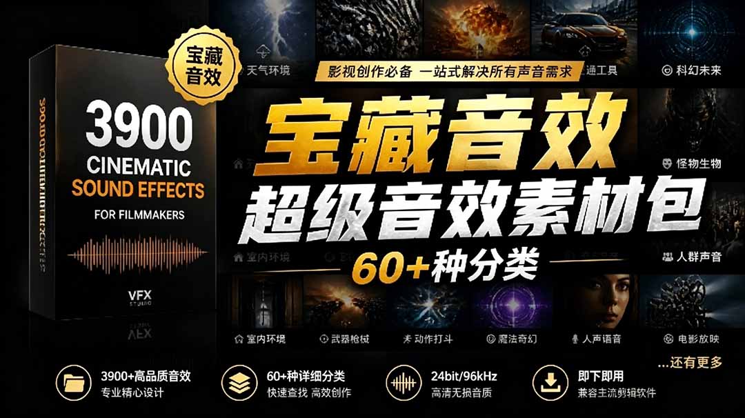 （18660期）宝藏音效合集包！60+多种音效分类，共计3900个，分类清晰，全中文分类，高品质剪辑音效素材包-九节课