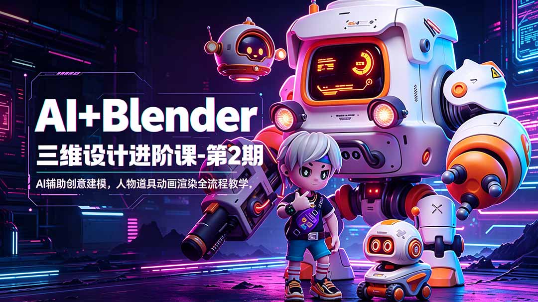 （18586期）AI+Blender三维设计进阶课-第2期：AI辅助创意建模，人物道具动画渲染全流程教学-九节课