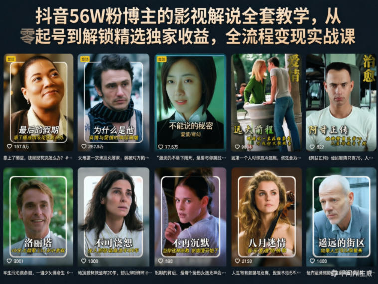 抖音56W粉博主的影视解说全套教学，从零起号到解锁精选独家收益，全流程变现实战课-九节课