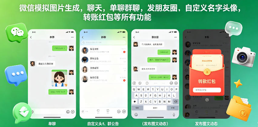 微信模拟图片生成，聊天，单聊群聊，发朋友圈，自定义名字头像，转账红包等所有功能都可以生成-九节课