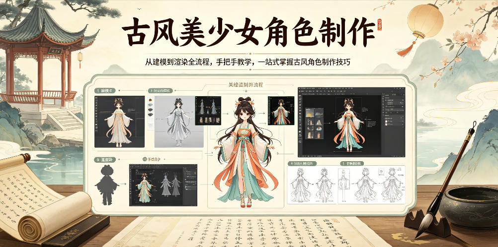 古风美少女角色制作，从建模到渲染全流程，手把手教学，一站式掌握古风角色制作技巧-九节课