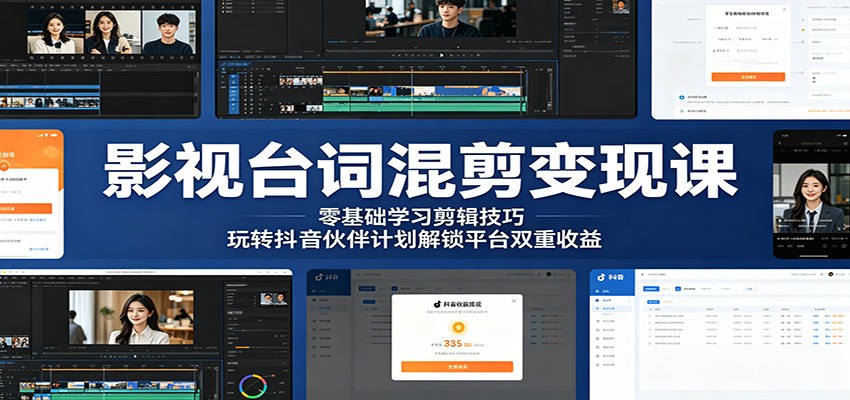 影视台词混剪变现课：零基础学习剪辑技巧，玩转抖音伙伴计划解锁平台双重收益-九节课