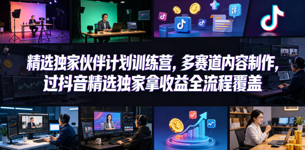 小豁食堂精选独家伙伴计划训练营，多赛道内容制作，过抖音精选独家拿收益全流程覆盖-九节课