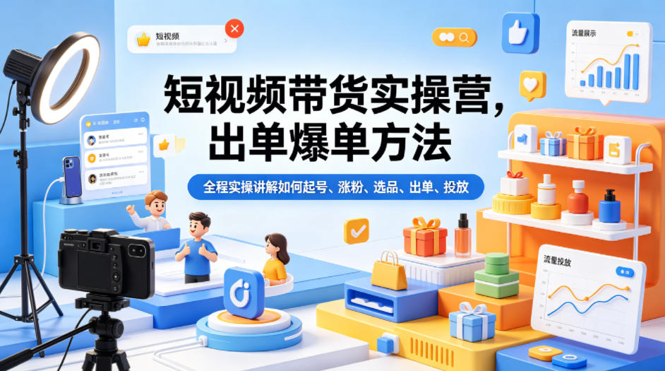 短视频带货实操营，出单爆单方法，全程实操讲解如何起号、涨粉、选品、出单、投放-九节课