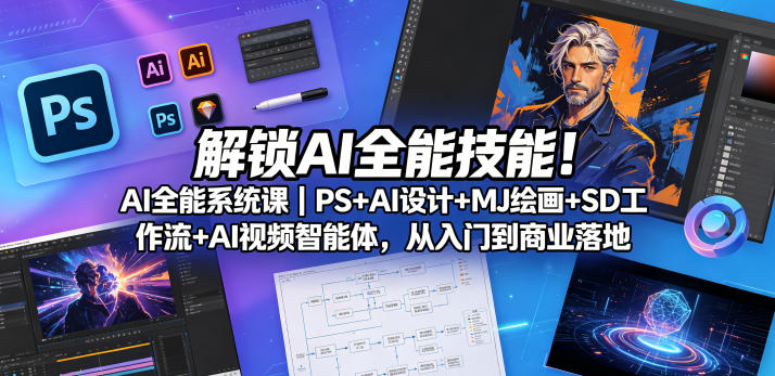 解锁AI全能技能！AI全能系统课｜PS+AI设计+MJ绘画+SD工作流+AI视频智能体，从入门到商业落地-九节课