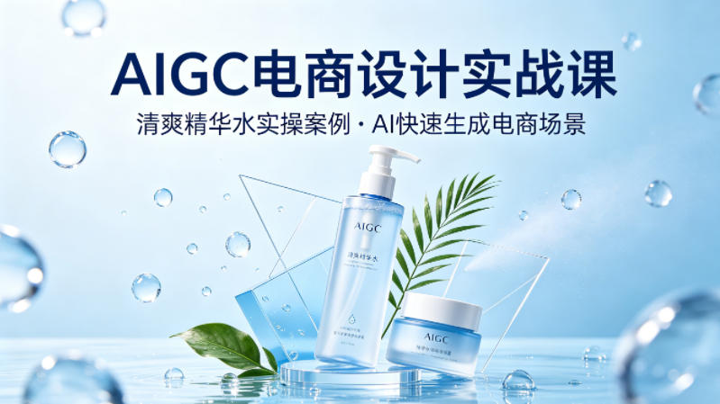 AIGC电商设计实战课，以清爽精华水为实操案例，教你用AI快速生成电商场景-九节课