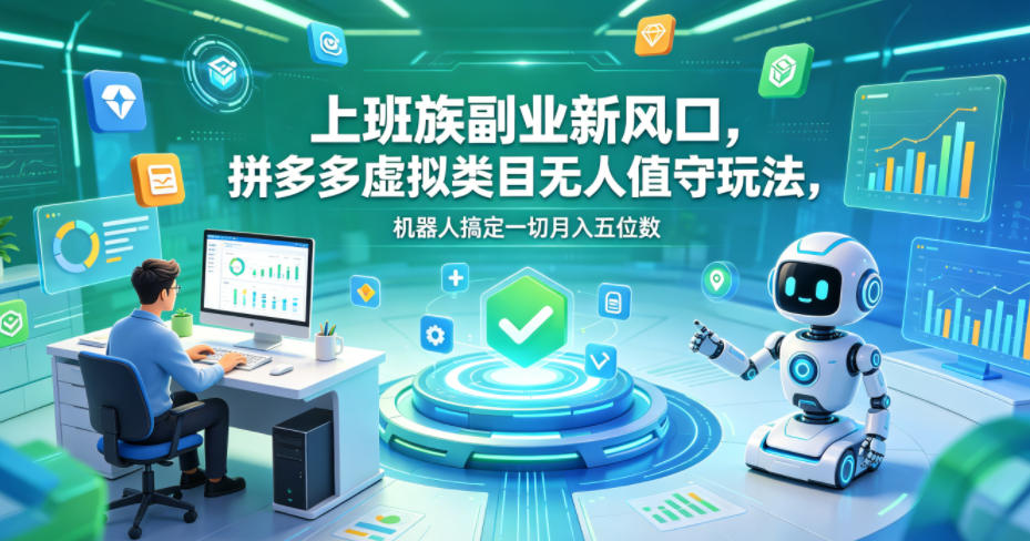 上班族副业新风口，拼多多虚拟类目无人值守玩法，机器人搞定一切月入五位数【揭秘】-九节课