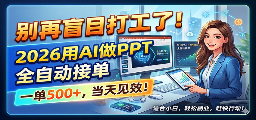 别再盲目打工了！2026用AI做PPT全自动接单，一单5张+，当天见效！-九节课