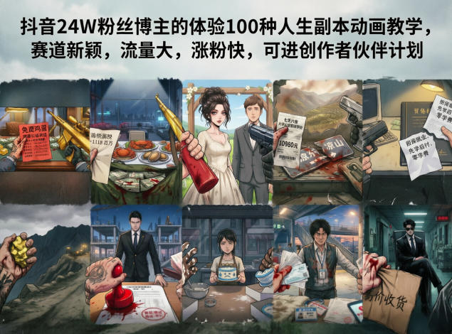 抖音24W粉丝博主的体验100种人生副本动画教学，赛道新颖，流量大，涨粉快，可进创作者伙伴计划-九节课