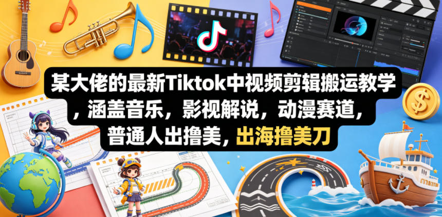 某大佬的最新Tiktok中视频剪辑搬运教学，涵盖音乐，影视解说，动漫赛道，普通人出海撸美刀-九节课