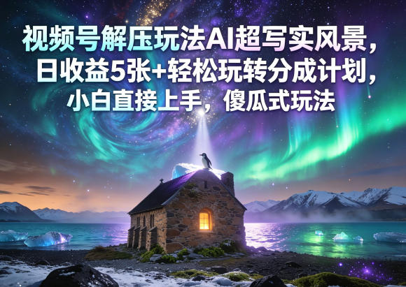 视频号解压玩法AI超写实风景，日收益5张+轻松玩转分成计划，小白直接上手，傻瓜式玩法-九节课