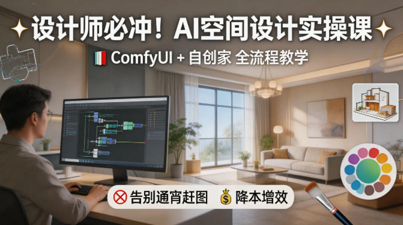设计师必冲！AI空间设计实操课，ComfyUI+自创家全教学，告别通宵赶图，降本增效-九节课