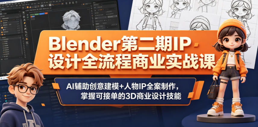 Blender第二期IP设计全流程商业实战课，AI辅助创意建模+人物IP全案制作，掌握可接单的3D商业设计技能-九节课