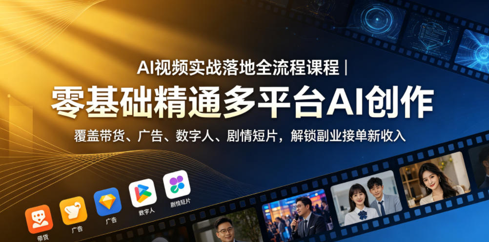 AI视频实战落地全流程课程｜零基础精通多平台AI创作，覆盖带货、广告、数字人、剧情短片，解锁副业接单新收入-九节课