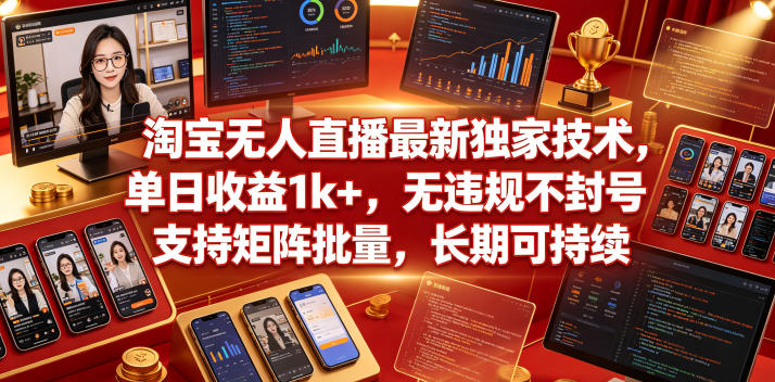 淘宝无人直播最新独家技术，单日收益1k+，无违规不封号，支持矩阵批量，长期可持续【揭秘】-九节课