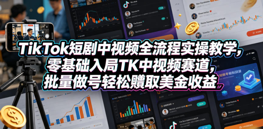 TikTok短剧中视频全流程实操教学，零基础入局TK中视频赛道，批量做号轻松賺取美金收益-九节课