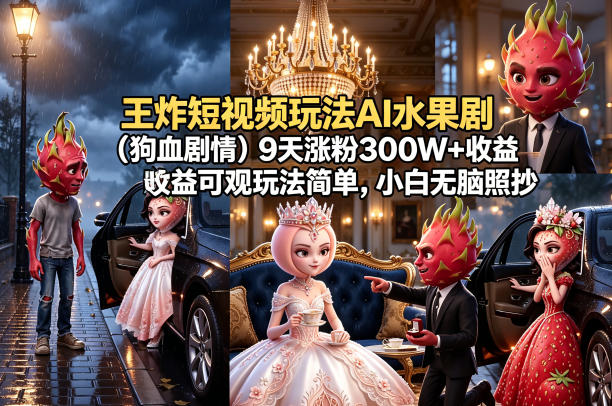 王炸短视频玩法AI水果剧（狗血剧情）9天涨粉300W+收益可观玩法简单，小白无脑照抄，详细拆解玩法-九节课