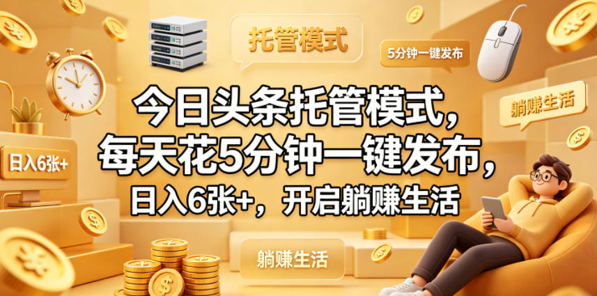 今日头条托管模式，每天花5分钟一键发布，日入6张+，开启躺賺生活【揭秘】-九节课