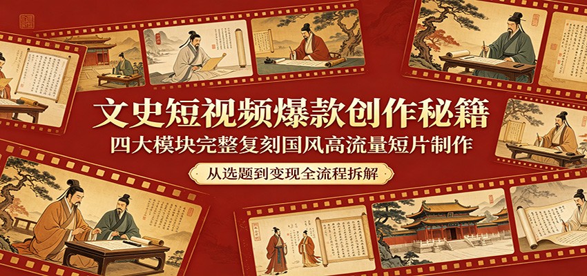 文史短视频爆款创作秘籍：四大模块完整复刻国风高流量短片制作-九节课