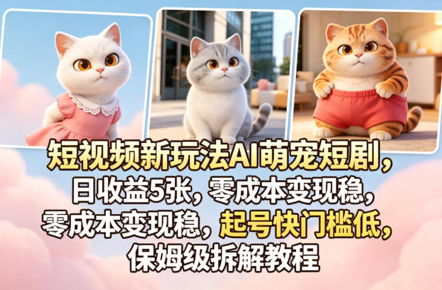 短视频新玩法AI萌宠短剧，日收益5张，零成本变现稳，起号快门槛低，保姆级拆解教程-九节课