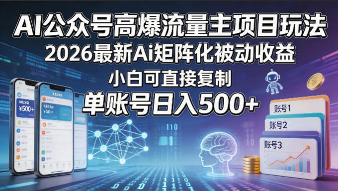 AI公众号高爆流量主项目玩法，2026最新Ai矩阵化被动收益，小白可直接复制，单账号日入500+-九节课