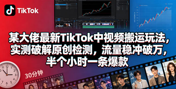 某大佬最新TikTok中视频搬运玩法，实测破解原创检测，流量稳冲破万，半个小时一条爆款-九节课