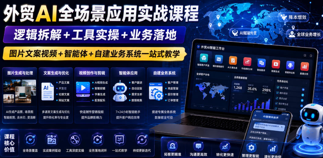外贸AI全场景应用实战课程｜逻辑拆解+工具实操+业务落地，图片文案视频+智能体+自建业务系统一站式教学-九节课