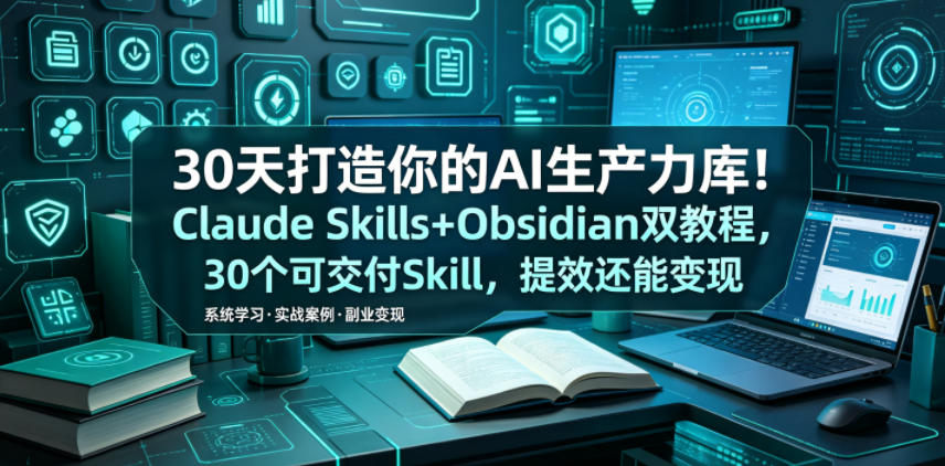 30天打造你的AI生产力库！Claude Skills+Obsidian 双教程，30 个可交付 Skill，提效还能变现-九节课