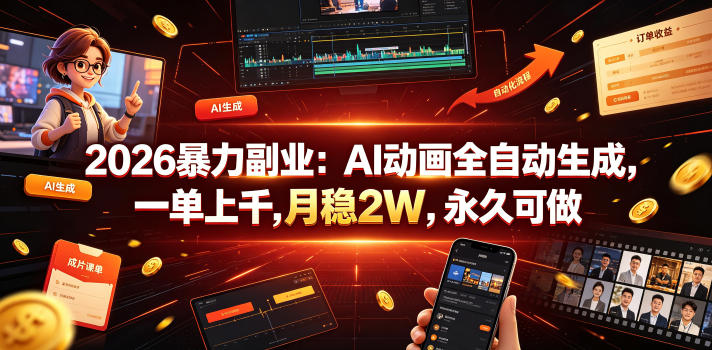 2026暴力副业：AI动画全自动生成，一单上千，月稳2W，永久可做【揭秘】-九节课