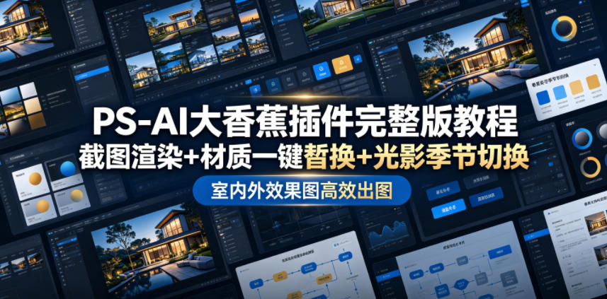 PS-AI大香蕉插件完整版教程，截图渲染+材质一键替换+光影季节切换，室内外效果图高效出图高阶课程-九节课