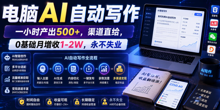 电脑AI自动写作，一小时产出500+，渠道直给，0基础月增收1-2W，永不失业【揭秘】-九节课