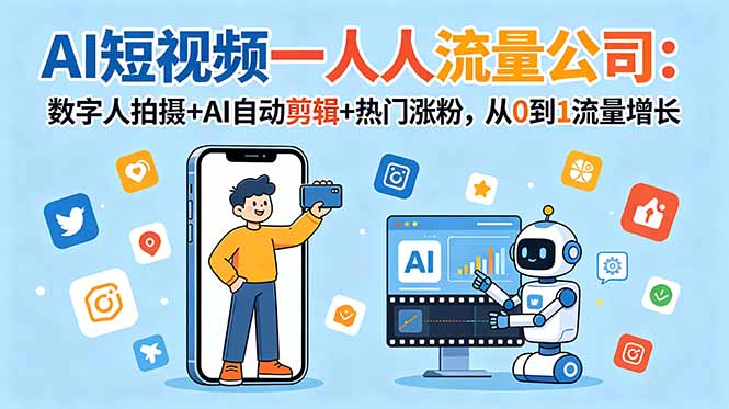 (18864期)AI短视频一人流量公司:数字人拍摄+AI自动剪辑+热门涨粉,从0到1流量增长-九节课