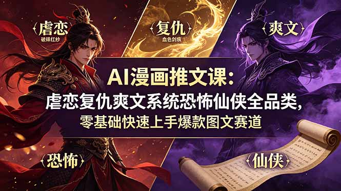 (19060期)AI漫画推文课:虐恋复仇爽文系统恐怖仙侠全品类,零基础快速上手爆款图文赛道-九节课