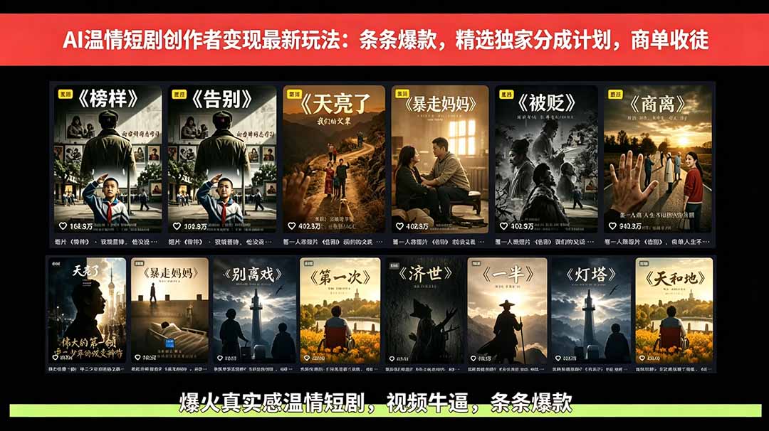 （18748期）AI温情短剧创作者变现最新玩法：视频牛逼，条条爆款，精选独家分成计划，商单收徒-九节课