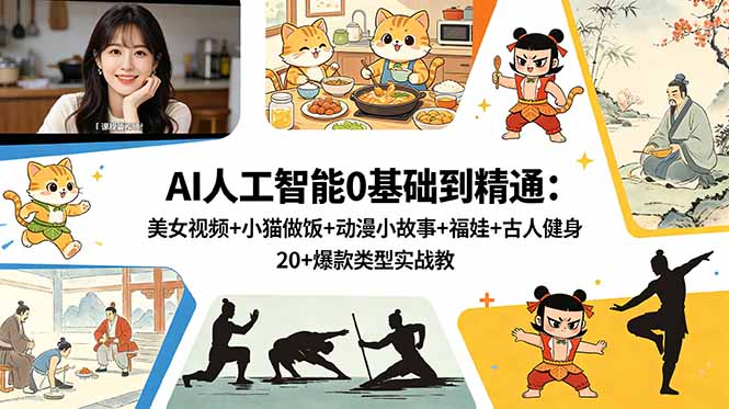 （18685期）AI人工智能0基础到精通：美女视频+小猫做饭+动漫小故事+福娃+古人健身，20+爆款类型实战教学-九节课