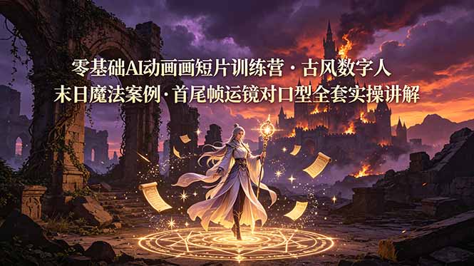 （19078期）零基础AI动画短片训练营，古风数字人末日魔法案例，首尾帧运镜对口型全套实操讲解-九节课