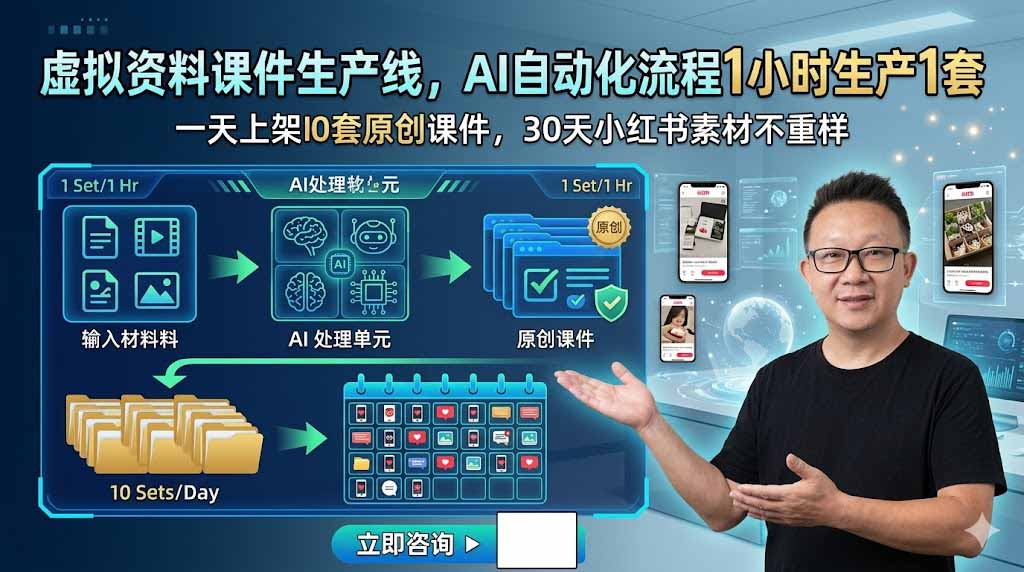 （19091期）虚拟资料课件生产线，AI自动化流程1小时生产1套，一天上架10套原创课件，30天小红书素材不重样-九节课